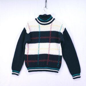 Vintage DEB Multicolor Plaid Striped Knit Mock Neck Pullover Sweater Size M